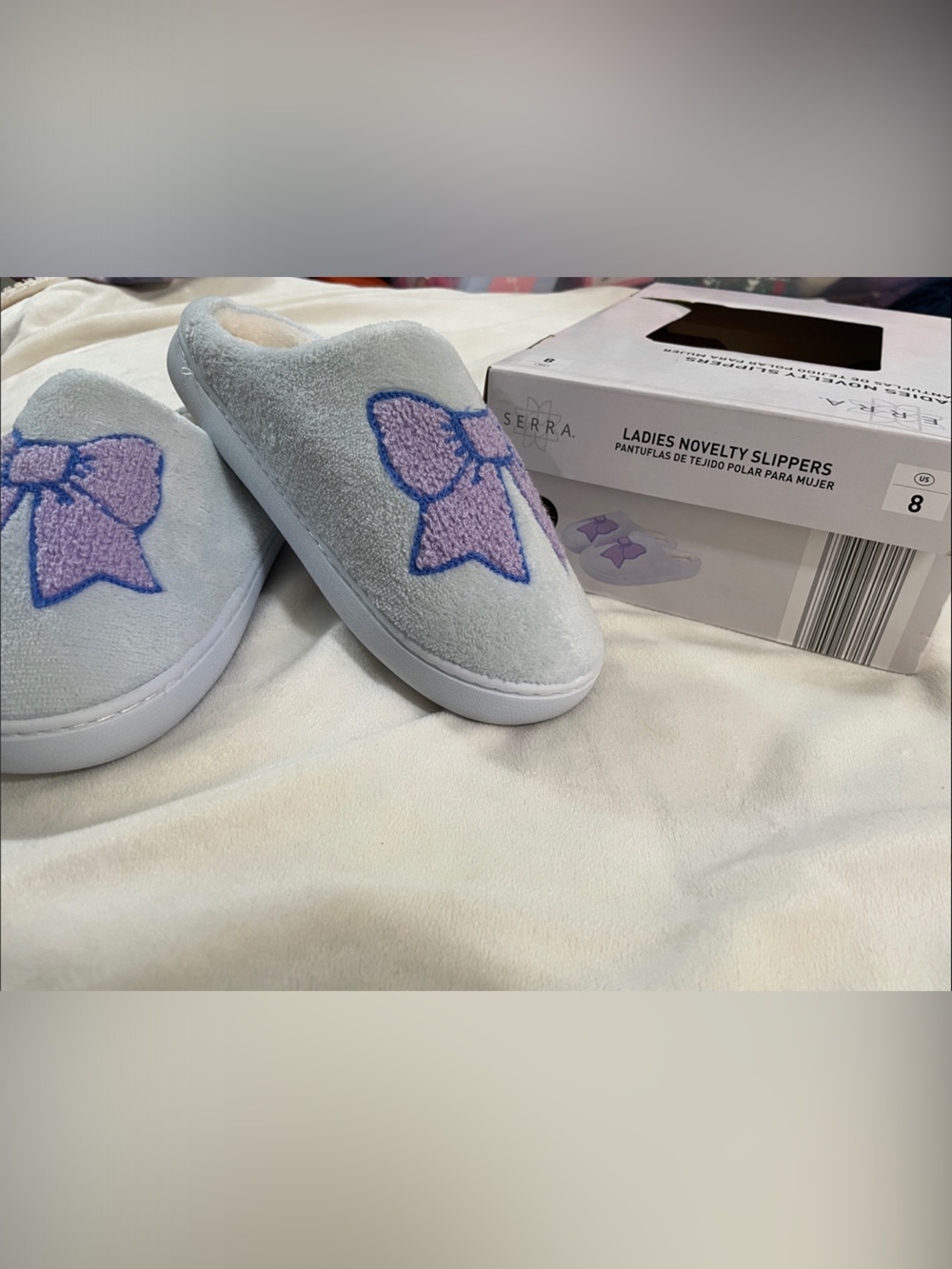 Serra Light Blue Plush Slippers with Purple Bow Accent